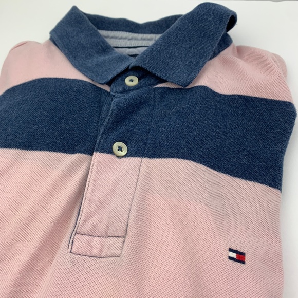 Tommy Hilfiger Stripped Blue Pink Casual Polo Shir - Picture 2 of 4